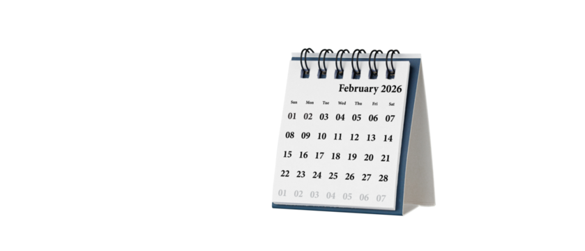 Desktop calendar for February 2026 in white colour. Mini planner for business and finance, spiral view on isolated white background close up.