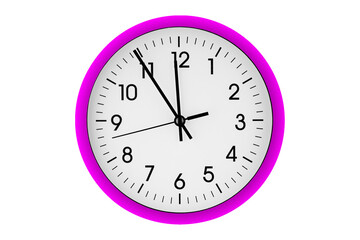 Pink watch, wall clock 11 hours 45 minutes on isolated or white background close up