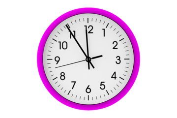 Pink watch, wall clock 11 hours 45 minutes on isolated or white background close up