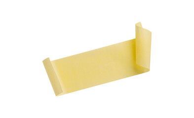 Yellow painter's tape isolated on white background, macro. Torn, crumpled, twisted strips of yellow...