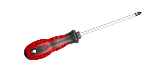A Phillips screwdriver with a Red black handle is perfect for repair tasks. Its ergonomic grip provides comfort during extended use on isolated white background close-up