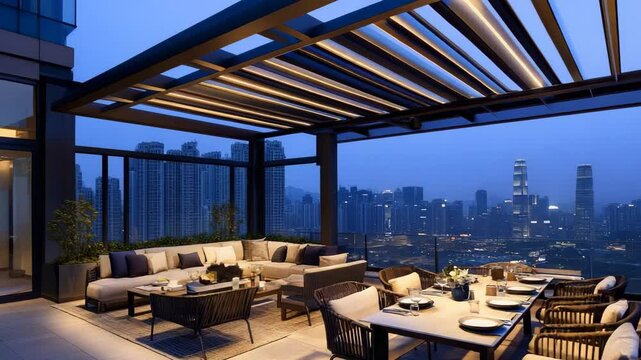 Rooftop dining setup with pergola overhead, contemporary furniture, city skyline visible in soft twilight lighting