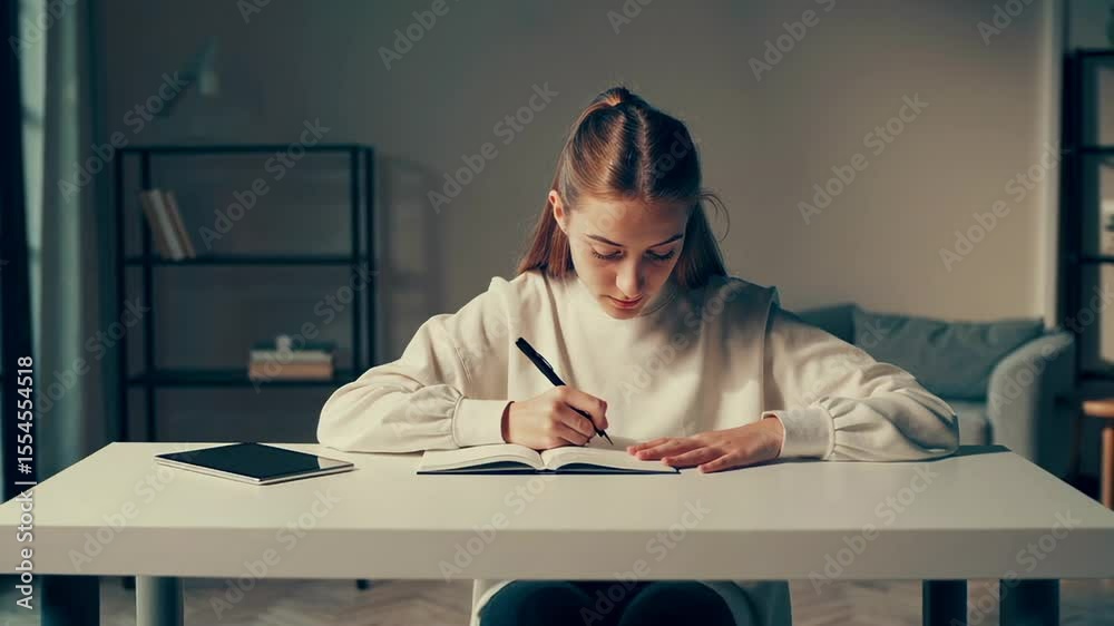 Poster Focused female student writing notes in notebook while studying, representing concentrated learning and educational development at home or in remote classroom setting