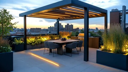 Rooftop terrace with dining pergola, clean flooring, surrounding rail lights and modern planter layout