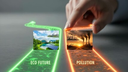 Choosing Our Planet's Path: A Digital Interface Presents a Vibrant Eco Future with Solar Energy Against a Grim Reality of Pollution and Waste - Powered by Adobe