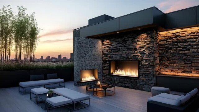 Rooftop terrace with fireplace, sleek modular furniture, artistic stone wall backdrop and twilight lighting