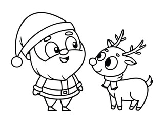 Fototapeta premium Santa with reindeer outline line art doodle cartoon illustration. Winter Christmas theme coloring book page activity for kids and adults