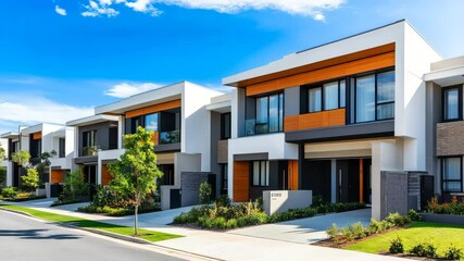 Row of modern townhouses in upscale suburb, showcasing luxury real estate design