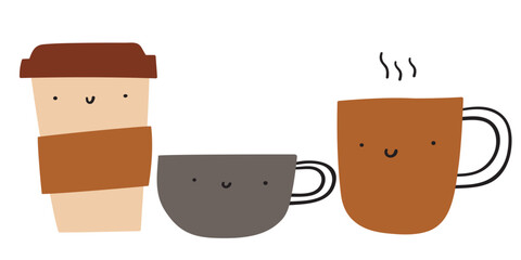 Three coffee cups. Cute funny characters. Flat vector design. Illustration on white background.
