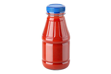 Red liquid in a clear plastic bottle with a blue cap isolated on transparent background