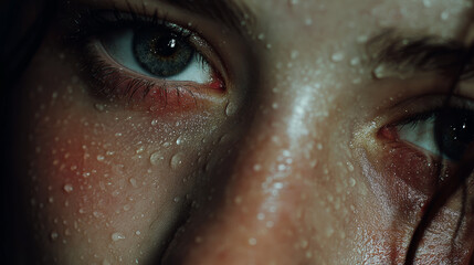 An intense close-up shot of a person's eye with water droplets on their face.