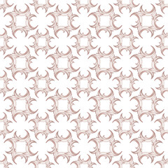 Seamless pattern with delicate, ornate scrollwork and stylized floral forms in soft blush pink and subtle brown tones on a clean white background. Perfect for elegant, subtle designs, textiles, and de
