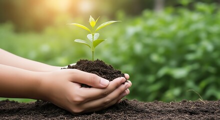 Hands holding a small plant in soil, symbolizing new life and environmental protection