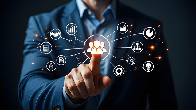 Businessman interacting with a digital network of business icons and data visualization
