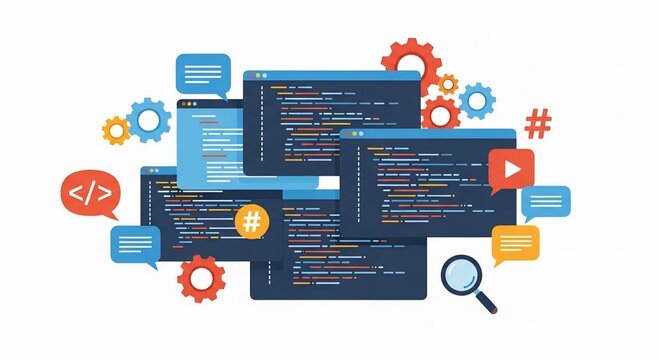 Programming, coding, development concept. Code, HTML, php web programming source code. 3d rendering