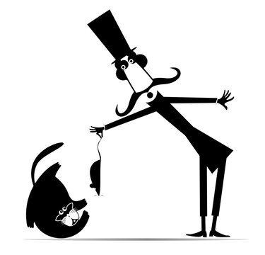 Man in the top hat holds a rat or mouse near a cat.
Cartoon long mustache gentleman in the top hat holds rat or mouse by tail above the head of the cat. Black and white illustration
