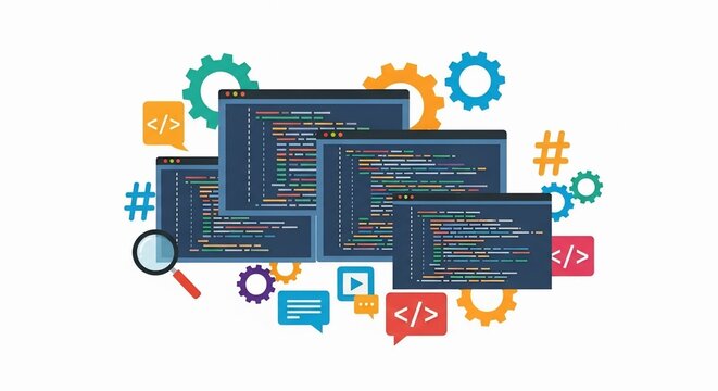 Programming, coding, development concept. Code, HTML, php web programming source code. 3d rendering