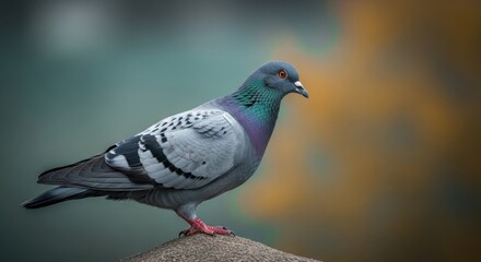Fototapeta premium A Gray Pigeon Perched on a Stone Against a Blurred Background