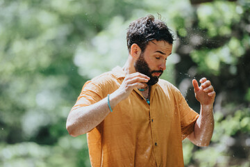 A man in a casual orange shirt reacts to a cool splash of water while surrounded by blurry green...