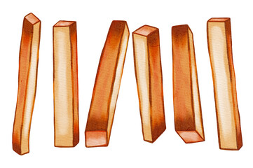 French fries isolated on white background. Fast food. Watercolor food drawing. Suitable for menu, advertising, wrapping paper, fabric and textile.