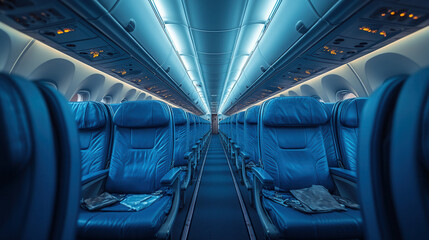 Airplane interior with empty blue seats, long corridor perspective, overhead luggage bins, clean modern design