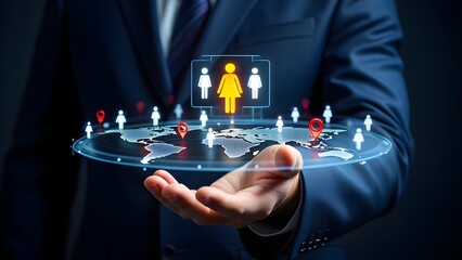Businessman holding a holographic global network of people and locations
