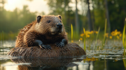 Fototapeta premium beaver resting atop dam in shallow marsh water, natural ecosystem