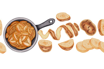 Seamless border. Watercolor seamless pattern with fried potatoes in a frying pan and raw sliced ​​potatoes. Vegetables. Hand drawn farm food design for packaging, fabric, kitchen decor.
