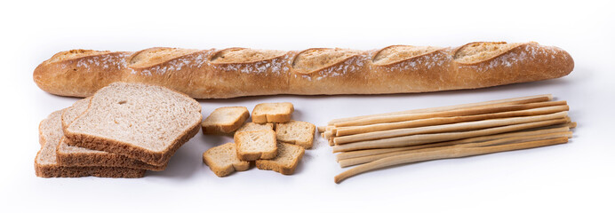 Assortment of Bread Products isolated on white background. Panorama view