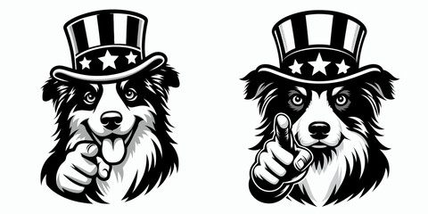Australian Shepherd Dog wear american top hat as uncle sam point index finger to viewer. 4th of July Flag Patriotism Usa America Independence Day Clipart Line Art Vector Illustration. Canine.