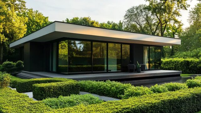 Sleek modern house with flat roof and large windows framed by lush green hedges