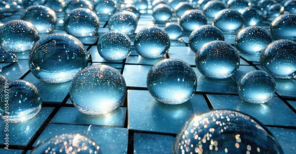 Poster reflective spheres cover tiled surface. blue tones dominate, creating infinite visual repetition. li