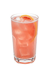 Refreshing pink drink with grapefruit slice and ice cubes in a tall glass