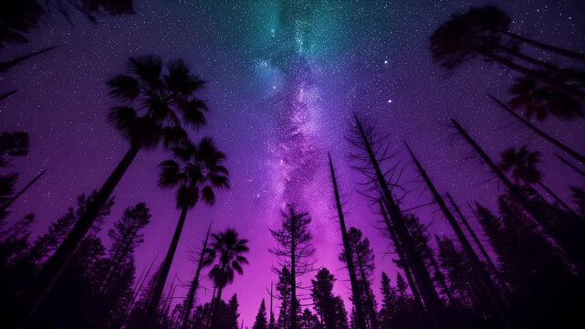 Night sky, palm trees, and purple nebula
