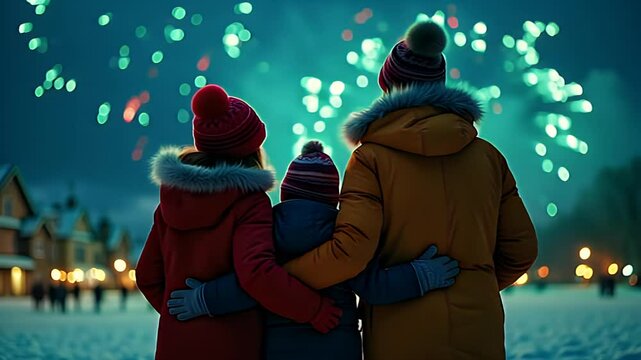 Joyful Family Spectacle: Family Watching Fireworks Show at Night