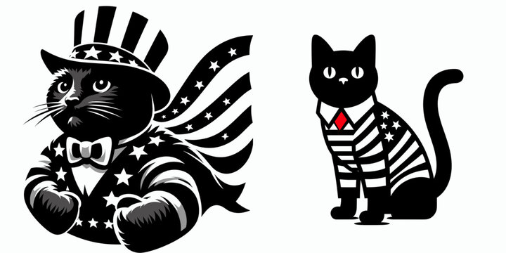 Black Cat wear american patriotic costume. 4th of July Flag Patriotism Usa America Independence Day Clipart Line Art Vector Illustration. Feline in national attire for fourth celebration.