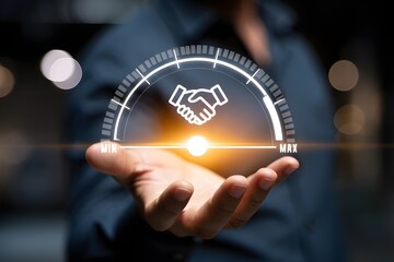 Business partnership success measured on a gauge held in a person s hand