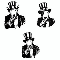 Obraz premium Bull Terrier Dog wear american top hat as uncle sam point index finger to viewer. 4th of July Flag Patriotism Usa America Independence Day Clipart Line Art Vector Illustration. Canine.