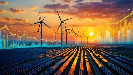 Renewable energy landscape with wind turbines solar panels and financial data overlay