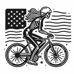 female skeleton wear american flag ride bikecycle. 4th of July Patriotism Usa America Independence Day Clipart Line Art Vector Illustration. Woman bone sport patriotic symbol on cycle.