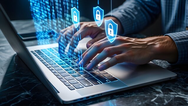 Person typing on laptop with glowing digital security shields and binary code overlay