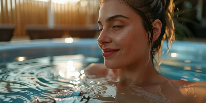 Junge Frau sitzt im Whirlpool und entspannt