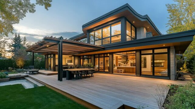 Spacious rear view of home featuring timber deck, pergola-covered patio, and landscaped surroundings, perfect for modern backyard designs