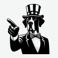 Great Dane Dog fullbody wear american top hat as uncle sam point index finger to viewer. 4th of July Flag Patriotism Usa America Independence Day Clipart Line Art Vector Illustration. Big.