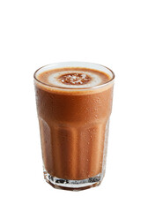 Chilled, refreshing chocolate drink in clear glass, slight foam swirl on top, condensation on glass