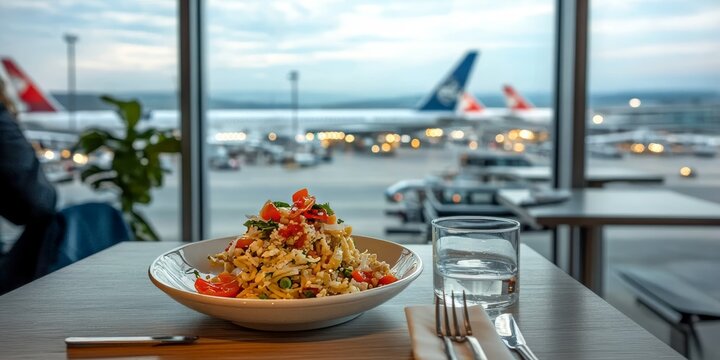 A Luxurious Dining Experience at the Airport with Gourmet Meals Overlooking Airplanes Taking Off