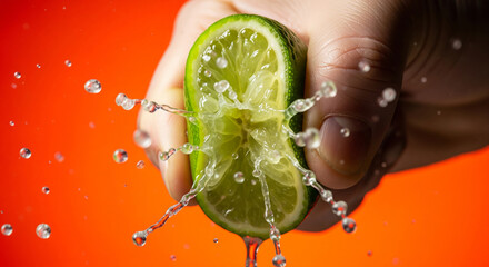 Fresh lime is squeezed by hand, releasing juice in a burst against a vibrant orange backdrop, creating a refreshing citrus splash.