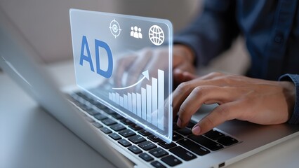 Person typing on a laptop with a digital advertisement interface showing growth charts and icons