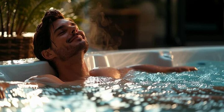 Mann besucht Therme und sitzt im Whirlpool