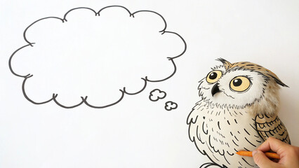 Fototapeta premium Cartoon owl with a hand drawing a thought bubble isolated on white background